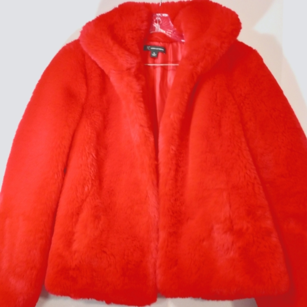 INC Red Faux Fur Cropped Style Coat SZ XL